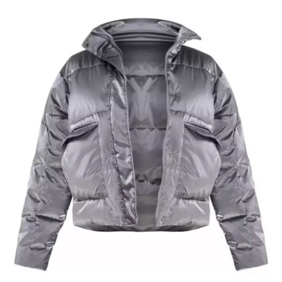 NEW $105 PrettyLittleThing Metallic Pewter Silver Puffer Jacket - 10 - Picture 2 of 5